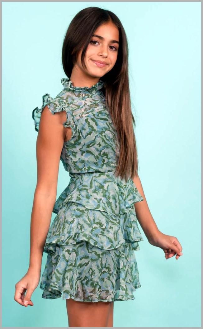 TANIA Ruffle Neck 3 Tier Dress [Green Zebra] Price Integrity Rank ( 0 )